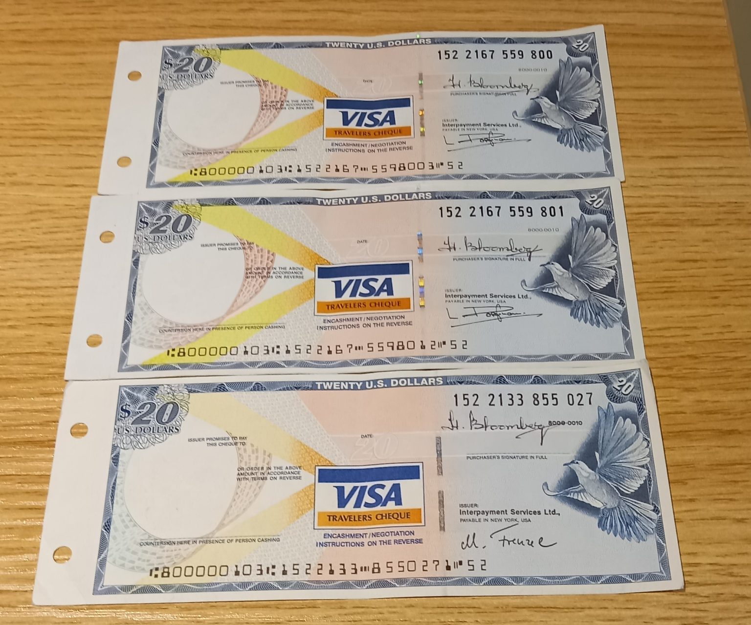 British Banknote Seller 20 USA VISA Travelers Cheques 3 Not Cashed In
